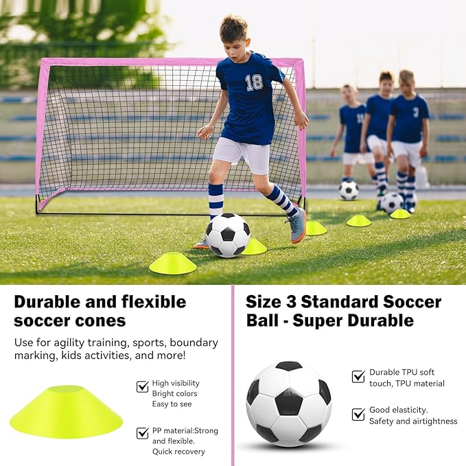 6x4 FT Kids Soccer Goals for Backyard - 2 Pack Soccer Nets, Portable Pop Up Goal Set with Training Mat, Cones, Target & Ball - Soccer Training Equipment Gift for Boys/Girls Ages 3-12