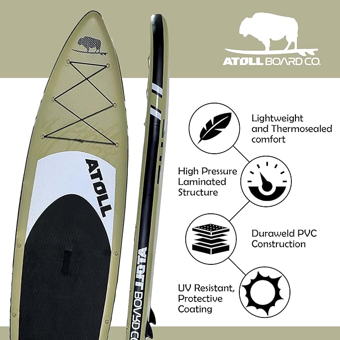 Atoll Inflatable Stand Up Paddle Board ISUP, Bravo Hand Pump and 3 Piece Paddle, Travel Backpack and Accessories New Leash Included Two Sizes - 11ft and 9ft