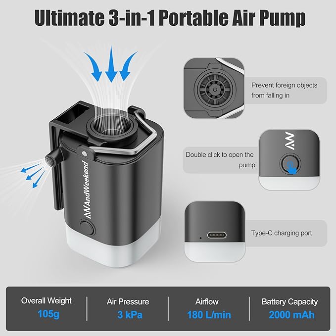 THE WEEKEND Portable Air Pump for Inflatables with Camping Lantern,3kPa Tiny Air Mattress Pump with 2000mAh Rechargeable Battery,Inflate Deflate for Sleeping Pads Pool Floats Inflatable Toys (Black)