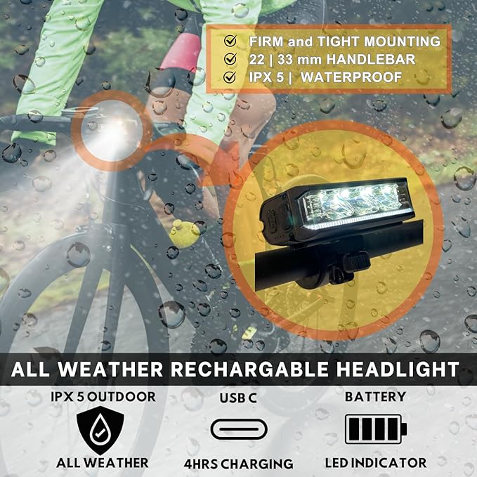 Ultra Bright Bike Lights for Night Riding Rechargeable Led for Bycicles Weather Resistant Multiple Modes. Tubular mounting MTB Road Cyclocross Ebike Mini Bike Scooter