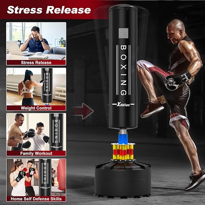 XDDIAS Punching Bag with Stand, 70'' Freestanding Punching Bag for Adult, Heavy Boxing Bag with Suction Cup Base Kickboxing Bag for MMA Muay Thai Fitness
