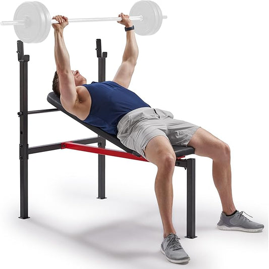 Sunny Health & Fitness Compact Premium Incline Bench Press Bar Rack Set & Optional Leg Extension Developer, Preacher Curl for Solid Strength Training Home Gym