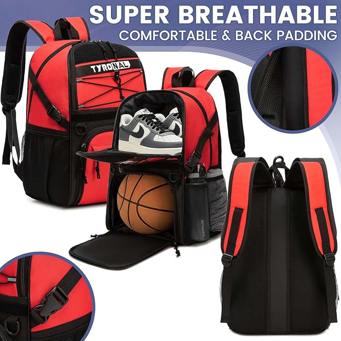Basketball Bag Backpack with Ball Holder and Shoes Compartment,Best for Basketball, Soccer, Volleyball, Gym. (RED)