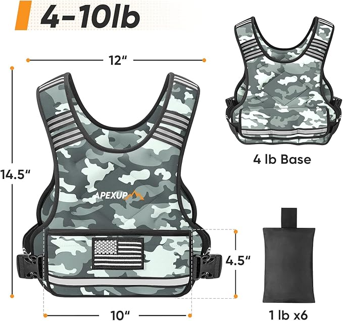APEXUP Adjustable Weighted Vest, 4-10lb/12-18lb/20-32lb Vest with 6 Ironsand Weights and Large Pocket, Weight Vest for Men Women Strength Training, Running, Walking
