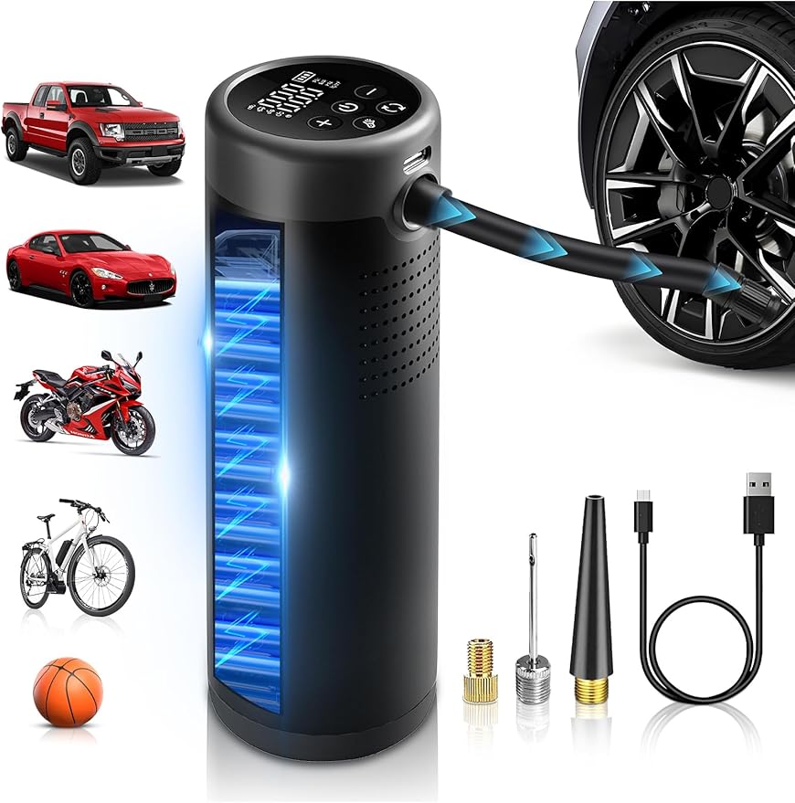 Tire Inflator Portable Air Compressor, 6X Cordless Air Pump for Car Tires with Pressure Gauge, Battery Power Bike Tire Pump, 150PSI Portable Tire Inflator for Car, Motorcycle, Bicycle, Ball