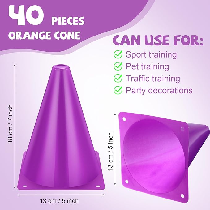 Reginary 40 Pieces 7 Inch Small Cones for Sports Football Bike Obstacle Training Cones Plastic Traffic Roadblock for Sports Skating Indoor Outdoor Activity Construction Party