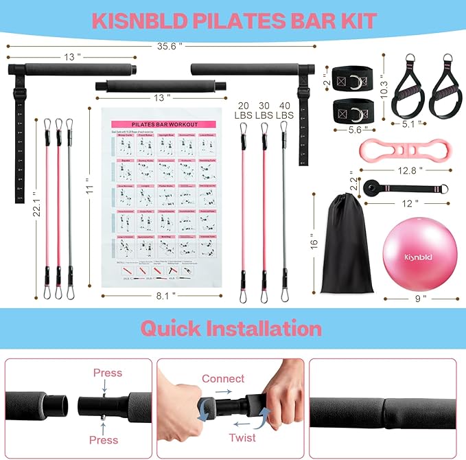 Pilates Bar Kit with Resistance Bands, Multifunctional Pilates Bar with 3 Set Exercise Resistance Bands, Portable Pilates Equipment for Women Home Gym Yoga Workouts