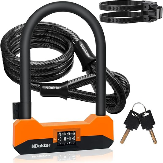 NDakter Bike Locks Heavy Duty Anti Theft，18mm Bicycle Combo U Lock with 5FT Cable, 4-Digit Resettable Combination Electric Scooter Lock with 2Keys and Bracket for Tricycle, Moped, Motorcycle (Orange)