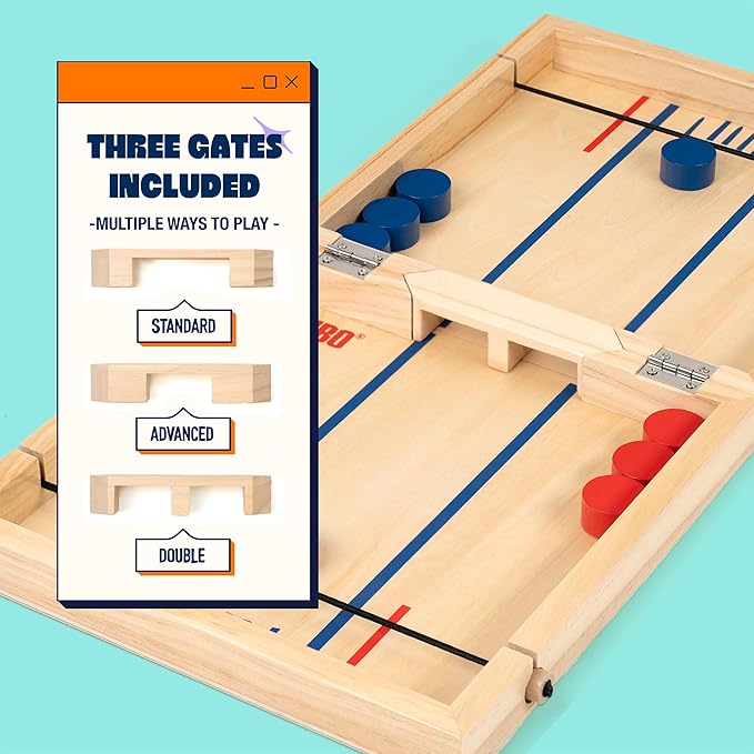 Pinbo The Classic Slingshot Game | Fast Action Foldable 2-Player Tabletop Wooden Game for Kids & Adults | Great for Travel & Game Night | Three Gates Included