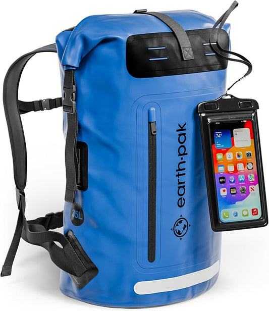 Earth Pak Waterproof Backpack - Heavy Duty Hiking Backpack - Roll-Top Closure Bag - Cushioned Dry Bag Waterproof Phone Case