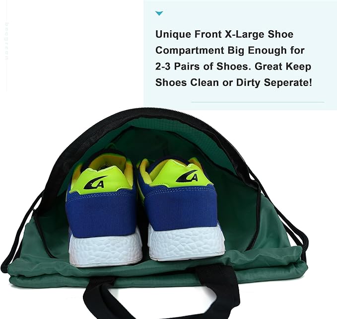 BeeGreen Drawstring Backpack Bag with Shoe Compartment, X-Large Black Gym Sports String Cinch Backpack