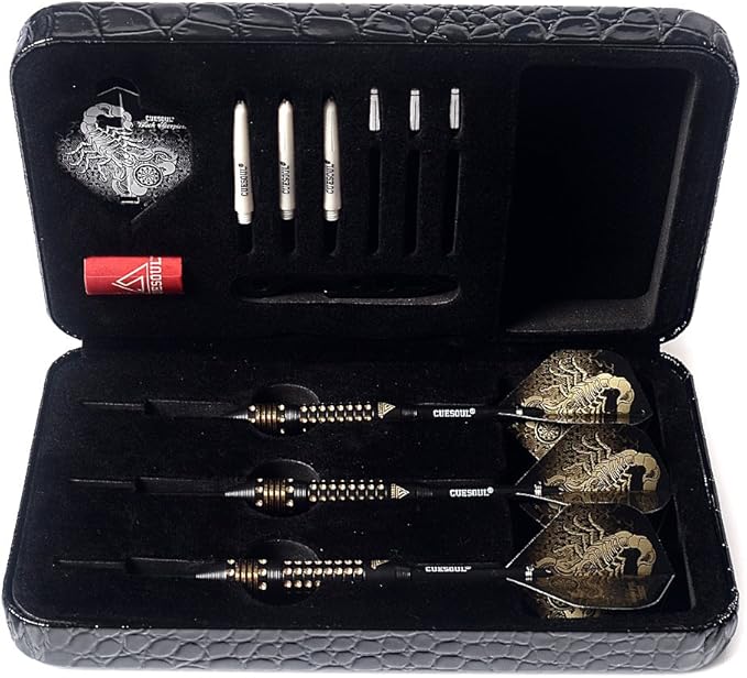 CUESOUL Steel Tip Darts Set 20/22/24 Grams with Deluxe PU Darts case-Black Scorpion Series