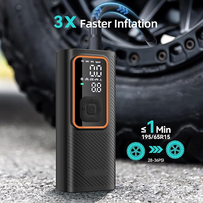 Cordless Tire Inflator Portable Air Compressor, 150 PSI Air Pump with Rechargeable Battery, Tire Pressure Gauge, 12V Car Power Adapter, Smart Air Pump for Car, Motorcycle, Bike, Ball