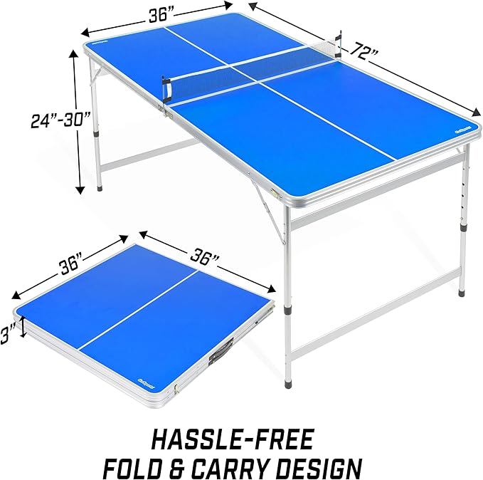 GoSports 6 x 3 ft Mid-Size Table Tennis Table Set with Adjustable Height - Green or Blue
