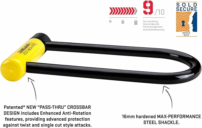 Kryptonite New York Long Shackle Bike U-Lock, Heavy Duty Anti-Theft Security Bicycle Lock Sold Secure Gold, 16mm Long Shackle with Keys, Ultimate Security Lock for Bicycles E-Bikes Scooters