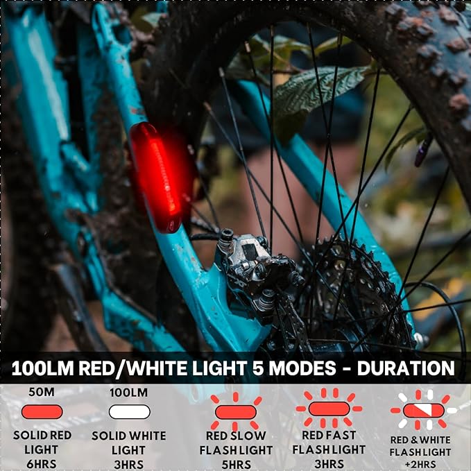 Ultra Bright Bike Taillight for Road and Trail Safety. 5 Modes Rechargeable Red White Led Light. Flexible Mounting for All Bicycles Styles, Scooter, ebikes and Helmet.