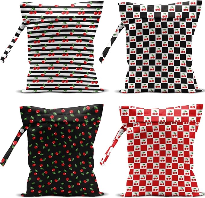 4 Pack Cute Checkered Stripe Cherry Wet Bag Waterproof Washable Reusable Wet Dry Bag for Swimsuit Bathing Dirty Clothes Cloth Diaper Travel Beach Pool Yoga Gym Toiletries Travel Beach Essentials