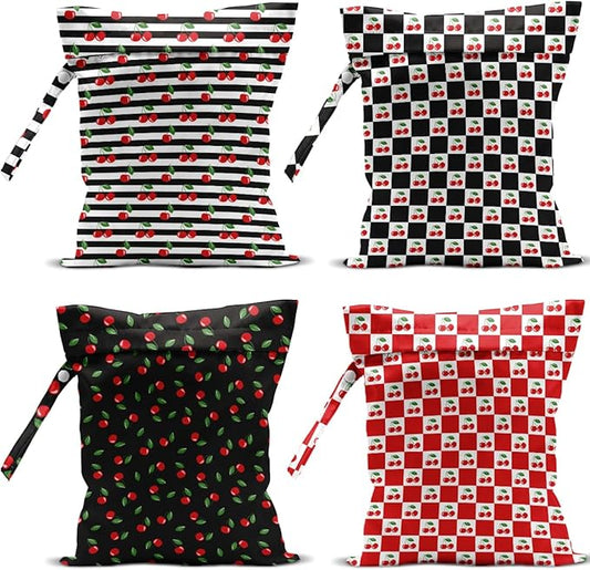 4 Pack Cute Checkered Stripe Cherry Wet Bag Waterproof Washable Reusable Wet Dry Bag for Swimsuit Bathing Dirty Clothes Cloth Diaper Travel Beach Pool Yoga Gym Toiletries Travel Beach Essentials