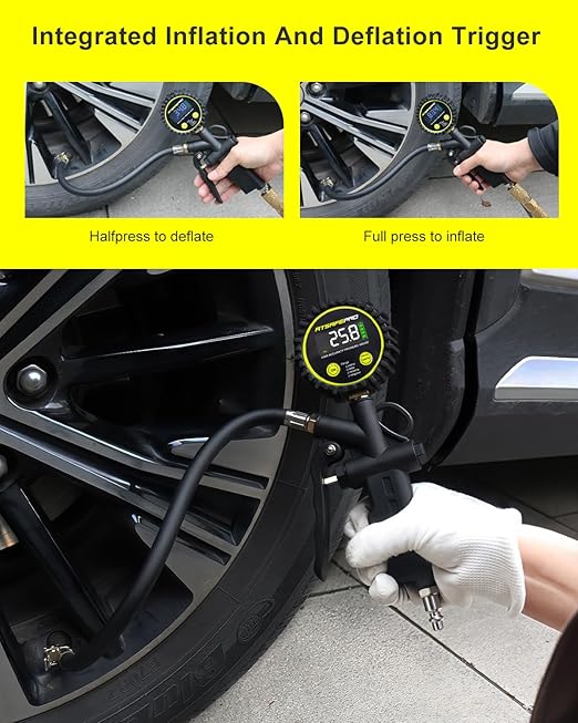 Digital Tire Pressure Gauge with Inflator, 0-200 PSI, 2.5" Color Screen, ±1% High Accuracy, Auto Shut-Off, Rubber Hose & 1/4" NPT Quick Connect Plug & Locking Air Chuck for Cars, SUVs, Motors, Bikes