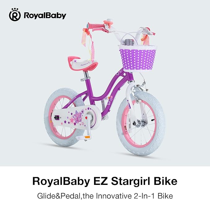 RoyalBaby Girls Bike EZ Bike Stargirl Training Free Balance to Pedal Easy Learning Bicycle, 12-20 Inch for Toddlers & Big Kids.