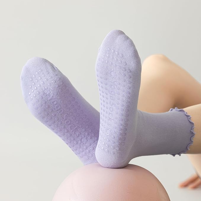 3 Pairs Pilates Socks with Grips Non Slip Ruffle Yoga Grip Socks for Women