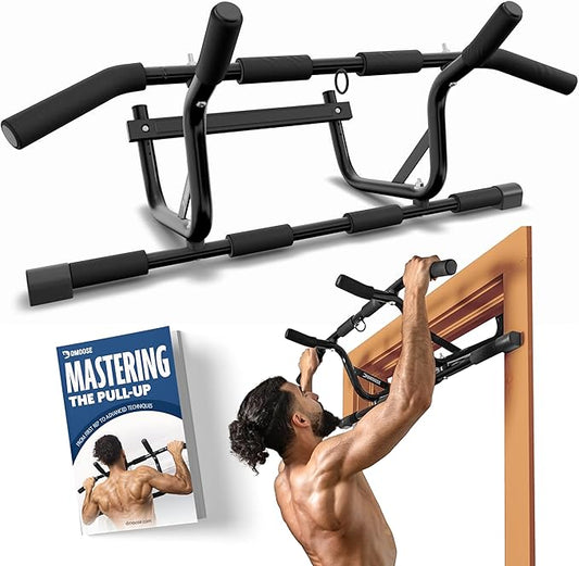 DMoose Fitness Pull Up Bar for Doorway - Upto 250 Lbs Capacity, No Screwing or Slipping, Hanging Pullup & Chin Up Bar for Door Frame - Multi Padded Grips for Strength Training with Installation Guide