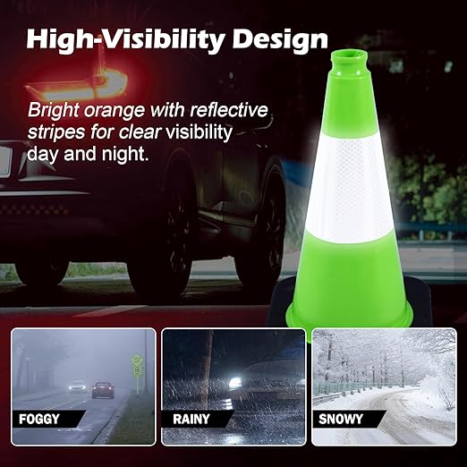8 Pack 18" Green Traffic Safety Cones – High-Visibility PVC Cones with 6" Reflective Bands & Weighted Black Base for Construction, Parking, and Crowd Control(18 inch-8Pack)
