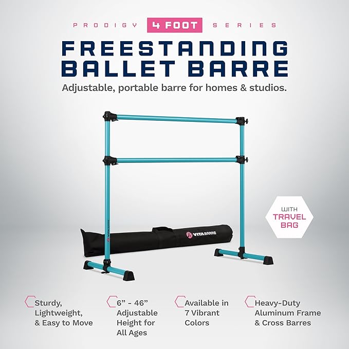 VITA Barre Portable Freestanding Double Ballet Barre, Prodigy, with Carry Bag | Adjustable Height, USA Made, Home or Gym Exercise Equipment for Kids & Adults | Dance, Fitness, Pilates