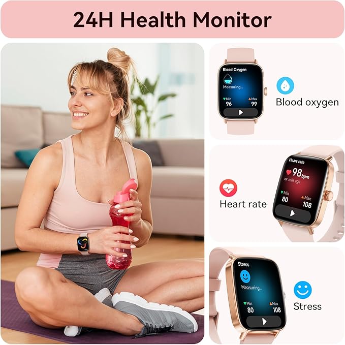 Tensky Smart Watch for Women/Men Android & iPhone, 1.85" Touch Screen Fitness Tracker with Answer/Make Call, IP68 Waterproof Heart Rate/SpO2/Sleep Monitor, Pedometer, 100+ Sport Modes (2 Bands)