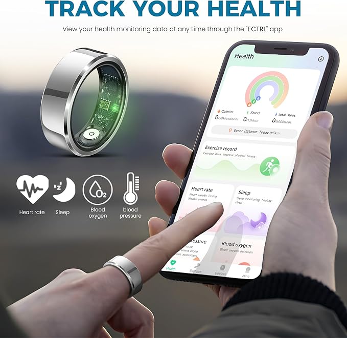Smart Ring for Women Men Fitness Tracker with Blood Pressure,Heart Rate,Sleep Monitoring,Step Counting,for iPhone and Android,Waterproof smart blood pressure monitor,No Subscription Fees (silver 10)
