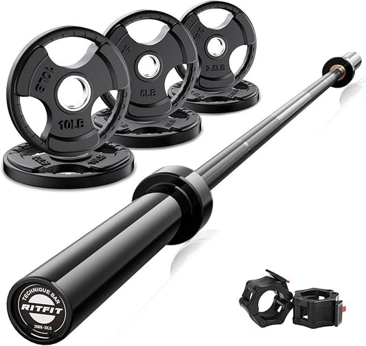 RitFit Barbell Weight Set - 4/6FT Olympic Barbell with Weight Plates (55-275LB Total) - Weightlifting Equipment for Squats, Curls, Deadlifts, Presses, Hip Thrusts