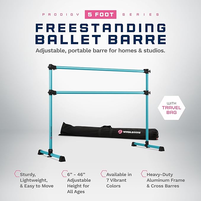 VITA Barre Portable Freestanding Double Ballet Barre, Prodigy, with Carry Bag | Adjustable Height, USA Made, Home or Gym Exercise Equipment for Kids & Adults | Dance, Fitness, Pilates