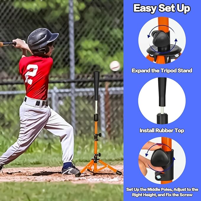 Adjustable Baseball Hitting Tee for Softball - Youth T-Ball Stand Ages 3-12 with Tool-Free Height, Multi-Surface Stability, Durable Baseball Training Equipment