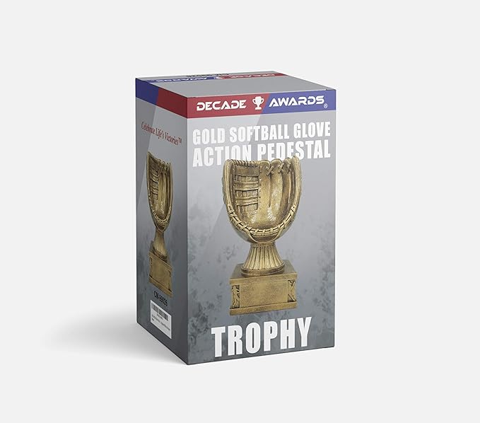 Decade Awards Action Pedestal Softball Glove Trophy – Engraved Game Ball Holder Display – Custom Softball Award for MVPs, Coaches, Players, Teams – Celebrate Wins – Customize Now (8 Inch)