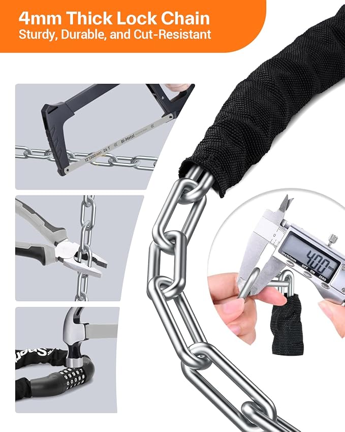 Sportneer Bike Lock: 5 Digit Combination High Security Anti Theft Bike Chain Lock - 3.2/3.6/4ft Heavy Duty Keyless Bicycle Lock for Bike, Motorcycle, Scooter, Door & Gate - 4/6mm Thick, Easy to Use