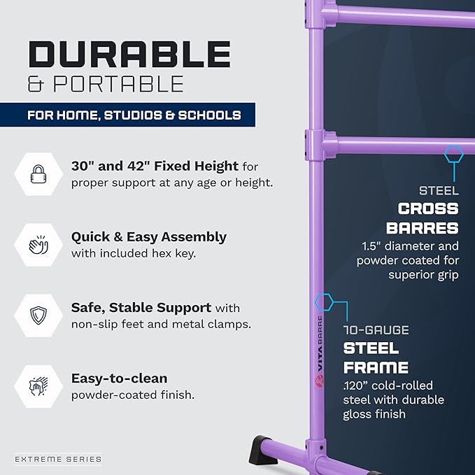 VITA Barre Portable Freestanding Double Ballet Barre, Extreme, Steel | Fixed Height, Made in USA, Home or Gym Exercise Equipment for Kids & Adults | Dance, Fitness, Pilates