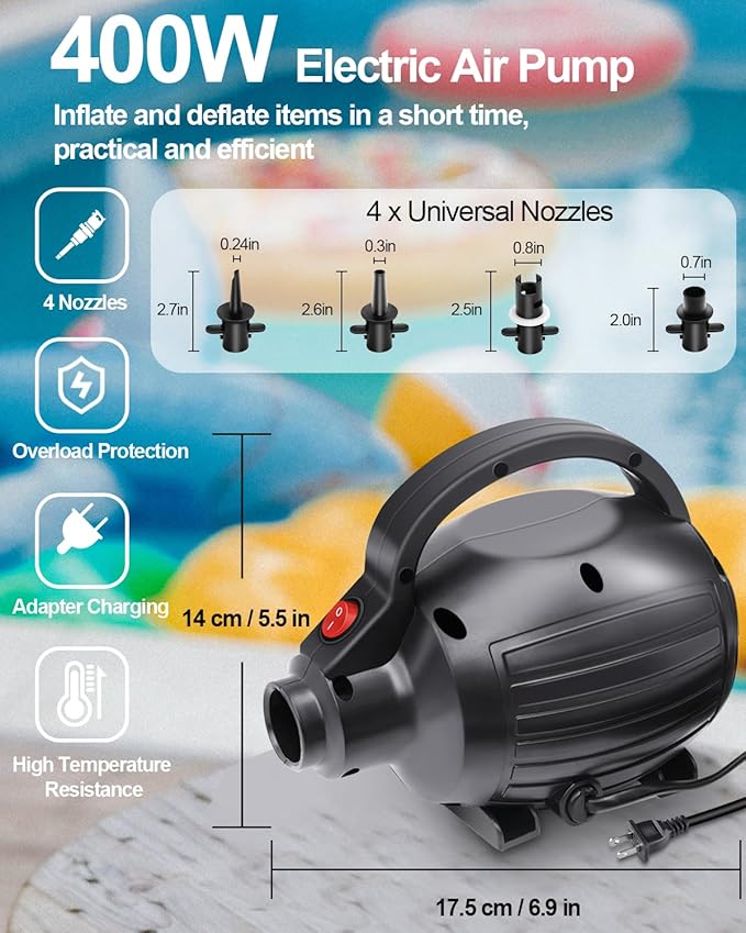 Electric Air Pumps for Inflatables Air Mattress Gymnastics Track Mat Quick Fill Inflator/Deflator for Pool Floats Dock Raft,4 Nozzles, 110-120V AC (400W)