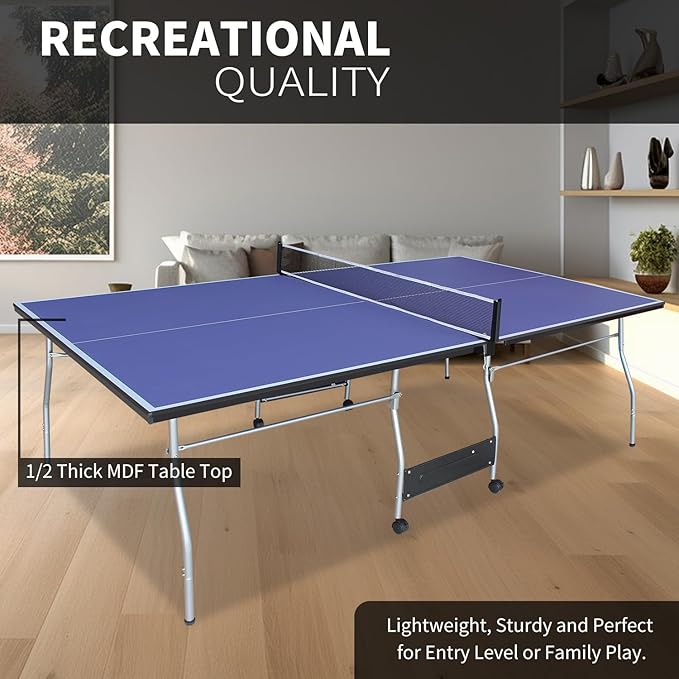 Table Tennis Table, Portable Ping Pong Table Game Set, 8ft Mid-Size Folding Indoor Outdoor Table Tennis Game Set with Net, 2 Table Tennis Paddles and 3 Balls for Adults/Teens