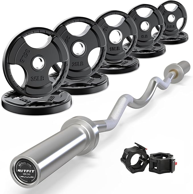 RitFit 2 Inch EZ Curl Bar with Weights, 700LBS Weight Capacity Olympic Curl Barbell for Bicep, Tricep and Weight Lifting Exercises
