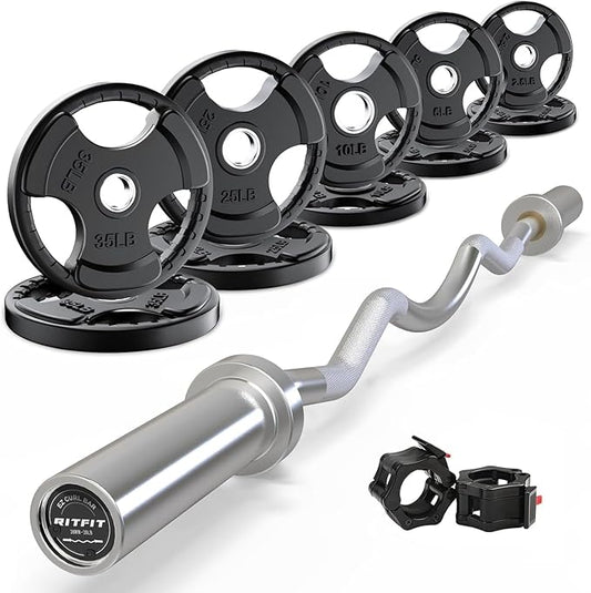 RitFit 2 Inch EZ Curl Bar with Weights, 700LBS Weight Capacity Olympic Curl Barbell for Bicep, Tricep and Weight Lifting Exercises