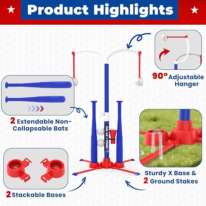 EagleStone 3-in-1 Toddler T Ball Set for Kids 3-5, 5-8, 2 Baseball Bats,Adjustable Height Hanging Tee,Tball Batting Stand,Ball Launcher. Outdoor/Indoor Baseball Toys for Toddlers, Backyard Sports Gift