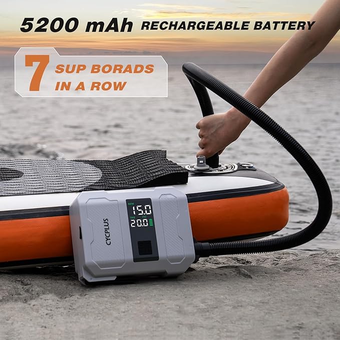CYCPLUS 20PSI Rechargeable Paddleboard Pump - Intelligent Fast Dual-Stage Inflation, Deflation Function, Auto-Off &Dual LED Display, Suitable for Stand-Up Paddleboard, Inflatable Boat Tent Mattress