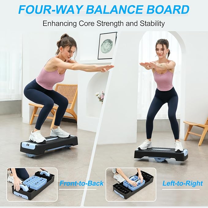 4-in-1 Adjustable Aerobic Step Platform (4"/6") - Workout Stepper with Resistance Bands, Non-Slip Balance Board - Home Gym Equipment for Step Training, Cardio, Pilates & Physical Therapy