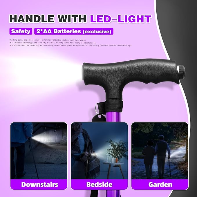 BigAlex Folding Walking Cane with LED Light,Pivoting Quad Base,Adjustable Walking Stick with Carrying Bag for Men/Women