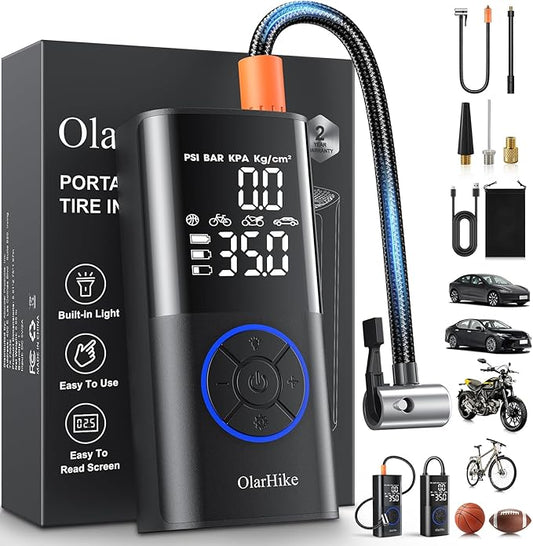 OlarHike Tire Inflator Portable Air Compressor, Long Range Battery, 160PSI Auto Air Pump for Car Tires, Bike,Bicycle, Motorcycles,Electric Pump with LED Light & Digital Pressure Gauge