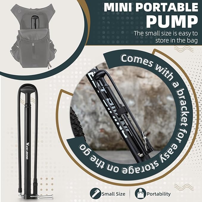 Mini Bike Pump Portable Bicycle Pump, Aluminum Alloy 160PSI Floor Bike Pump Fits Presta And Schrader Valves, Lightweight Air Bike Tyre Pump for Road Mountain Bike Balls
