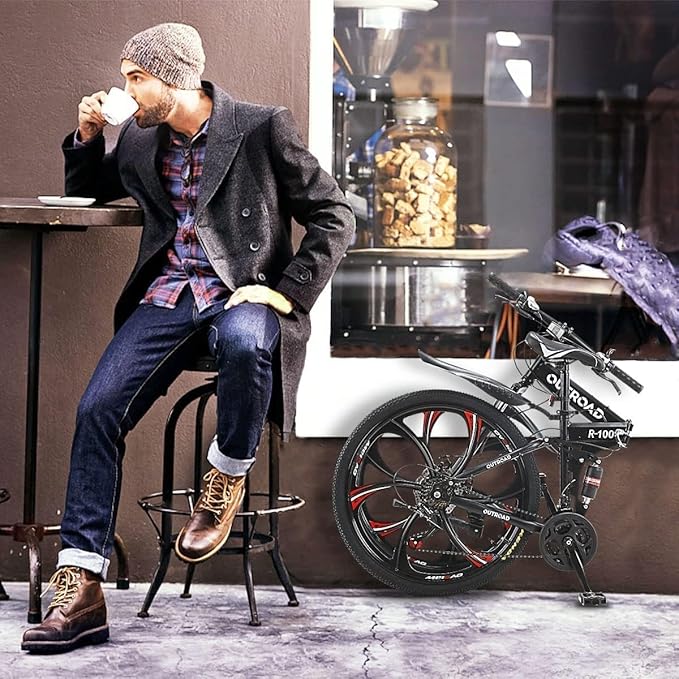 26 Inch Folding Mountain Bike with High Carbon Steel, 21 Speed City Bike with Dual Suspension, Folding Bicycle for Adults Men and Women