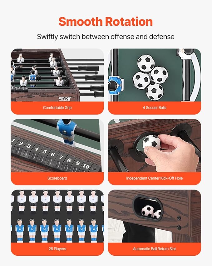VEVOR Foosball Table 42/48/55 in Foosball Table Indoor Full Size Foosball Tables for Home, Family, and Game Room, Durable Soccer Set, Includes 2/4 Balls, Score Keeper, and 2 Cup Holders