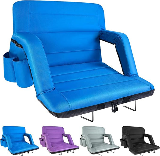Stadium Seats with Back Support Wide, Exclusive Bleacher Chairs with Back and Cushion Folding Stadium Chairs, 6 Reclining Positions Waterproof Bleacher Seats with 2 Hooks (Wide|22.5" Blue)