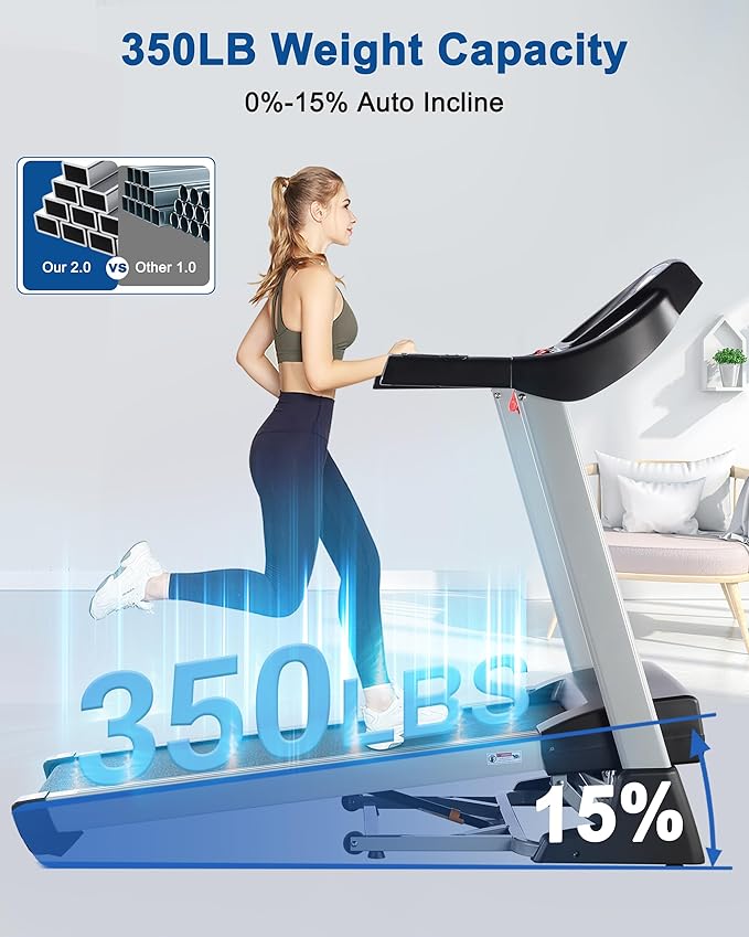 Treadmill with 15% Auto Incline - 350 LBS Capacity, 3.5HP Electric Folding Treadmill Up to 10MPH Speed, Running Machine with 20" Wide Tread Belt & LCD Display for Home Use, Bluetooth Speaker